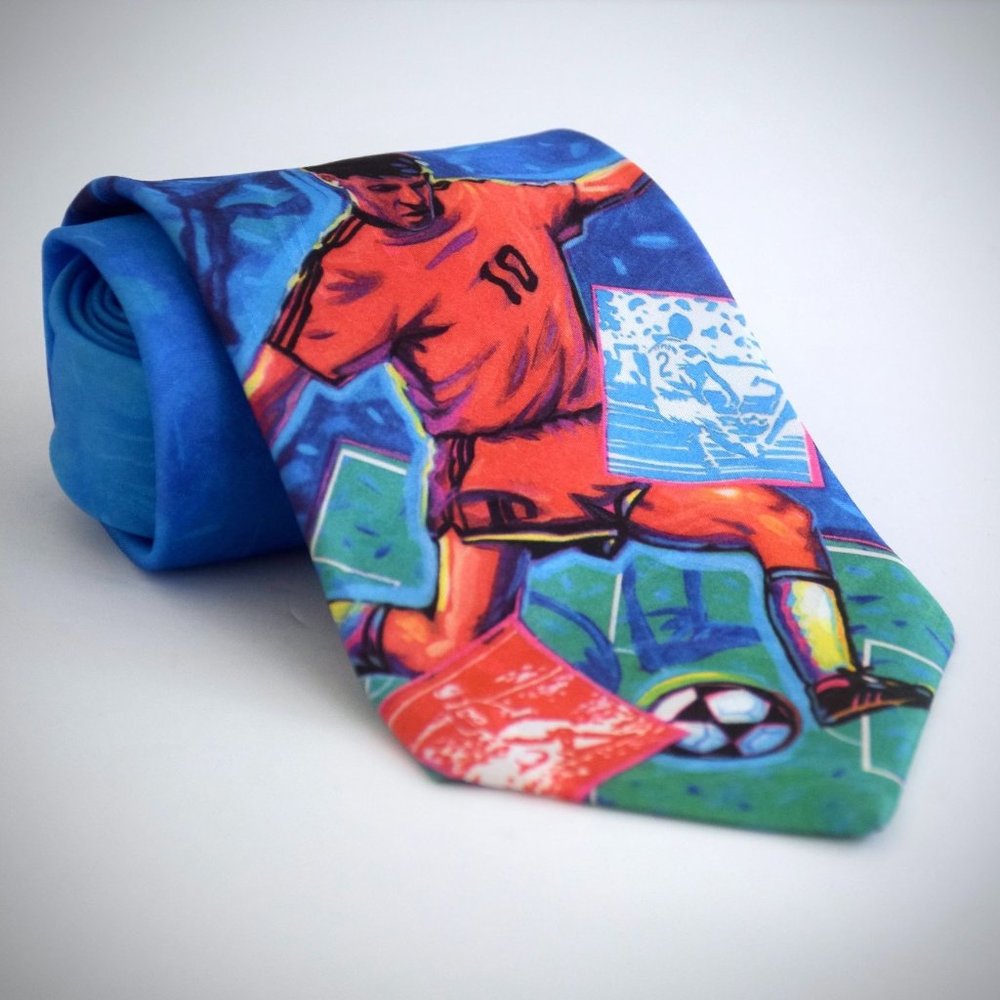 Ralph Marlin Vintage Soccer Tie Blue Red Green Novelty Necktie 1993 Player Ball
